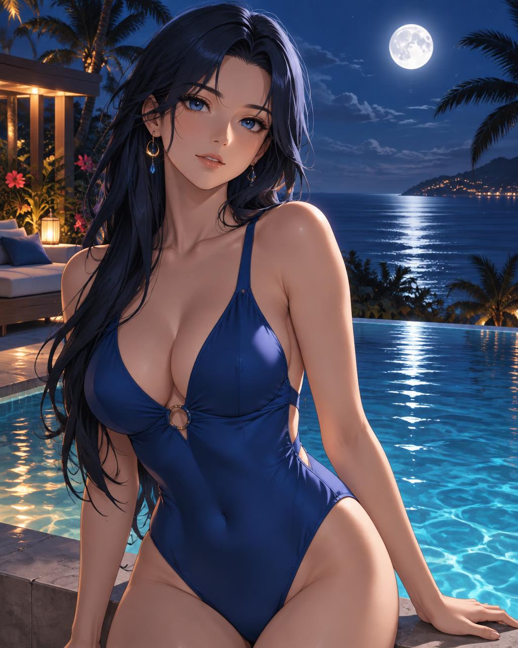 Luna Vale, an adult anime AI companion beside a moonlit tropical pool